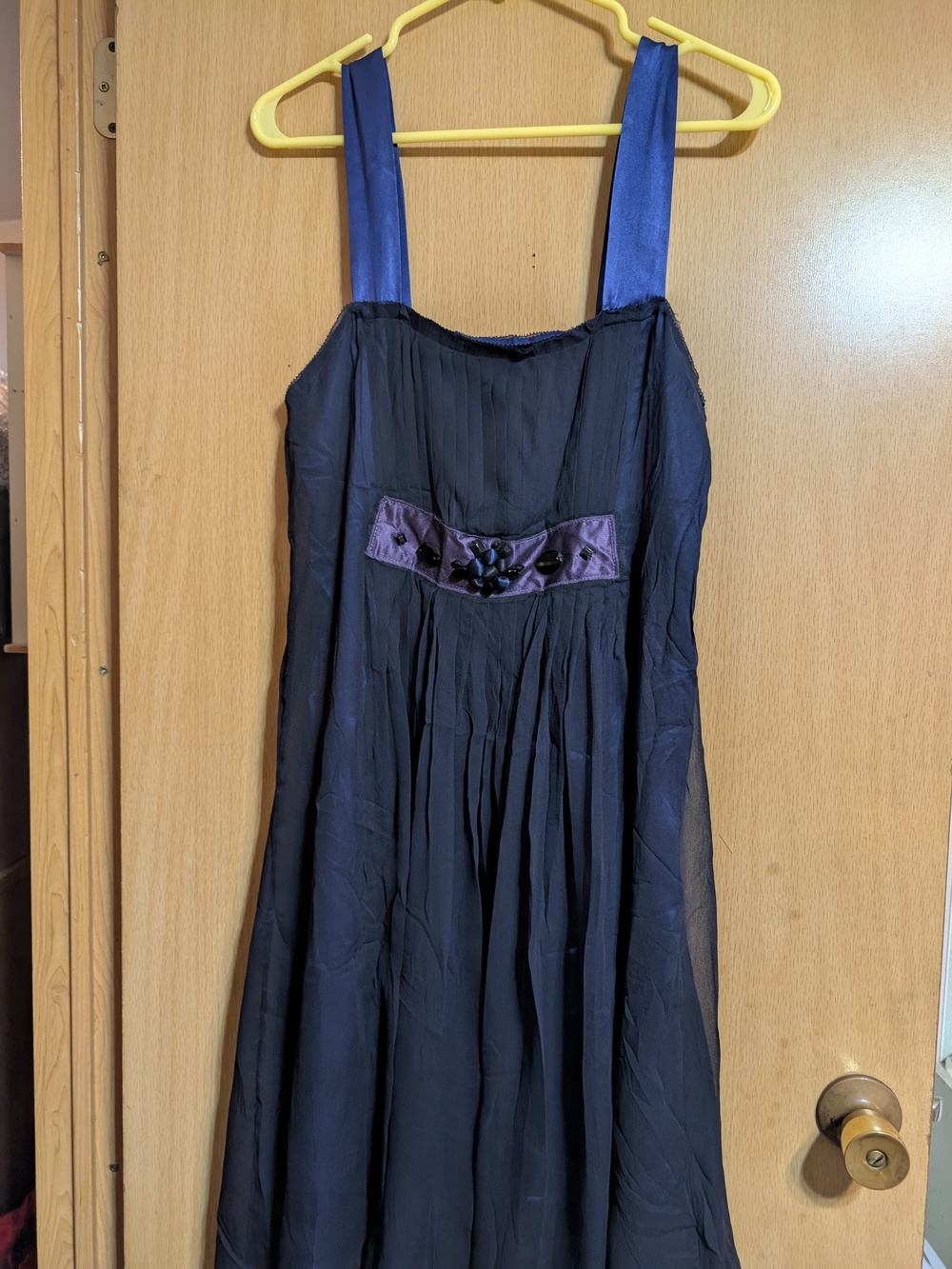 Vera Wang-100%Silk Black/Purple Beaded-Midi Dress-Satin Lined-Blue Satin Straps